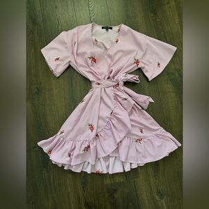 Romeo & Juliet Couture Pink & White Striped Floral Wrap Mini Dress